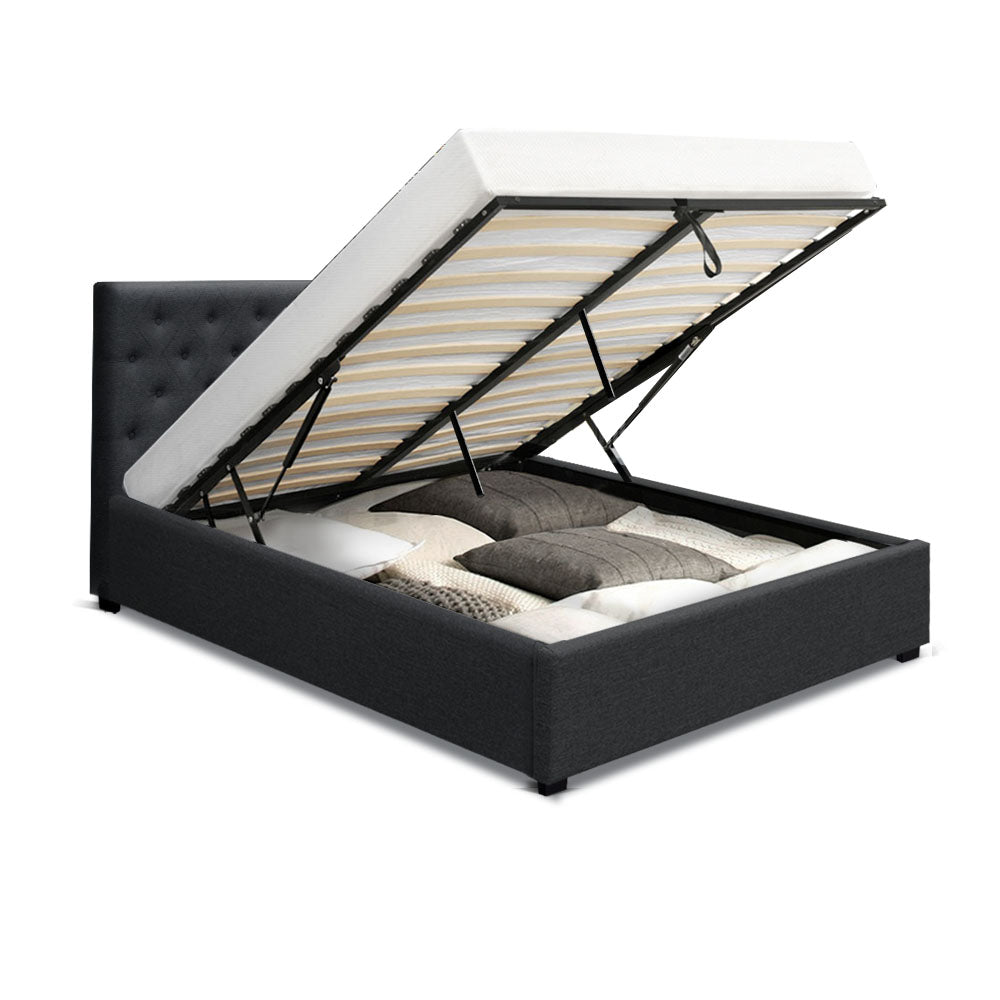 Artiss Vila Bed Frame Fabric Gas Lift Storage - Charcoal Queen