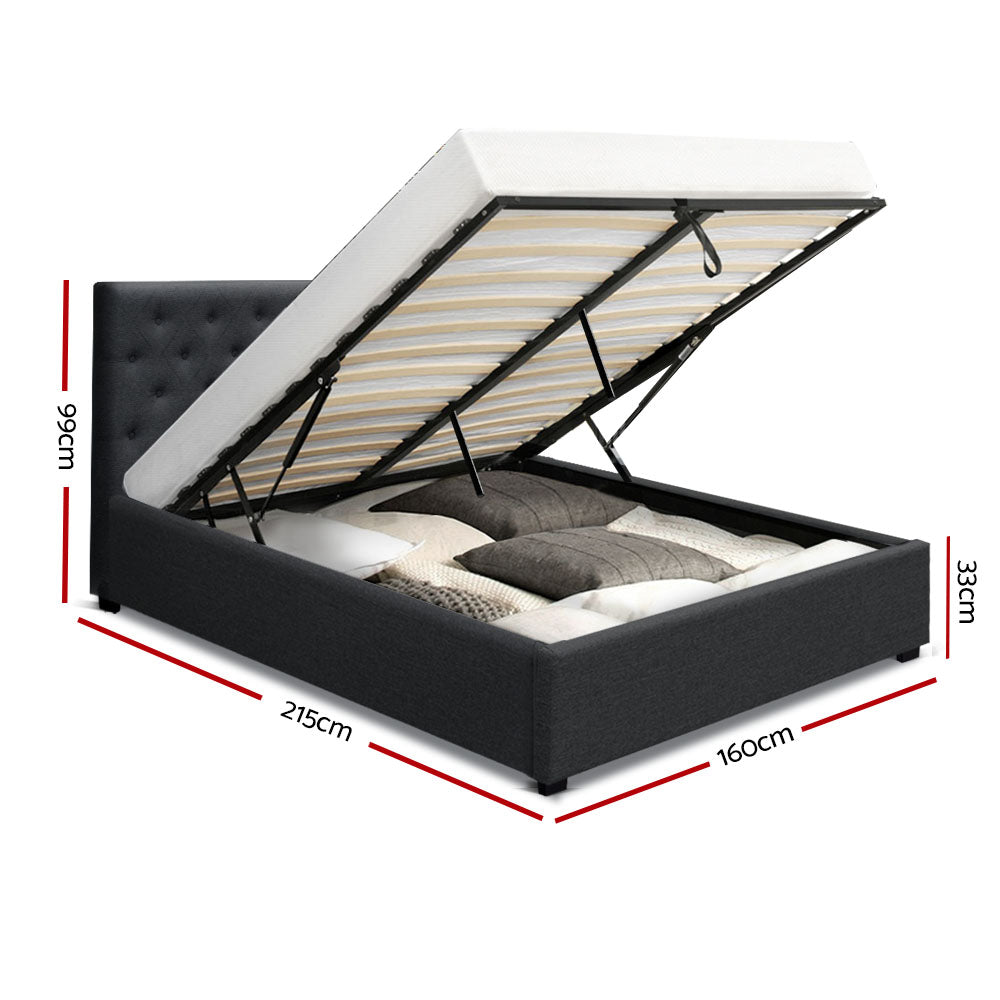 Artiss Vila Bed Frame Fabric Gas Lift Storage - Charcoal Queen