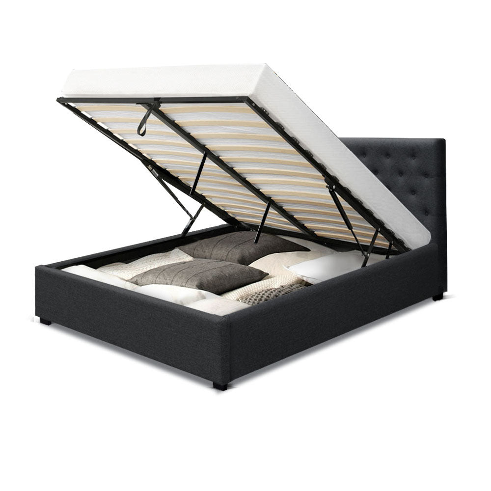Artiss Vila Bed Frame Fabric Gas Lift Storage - Charcoal Queen