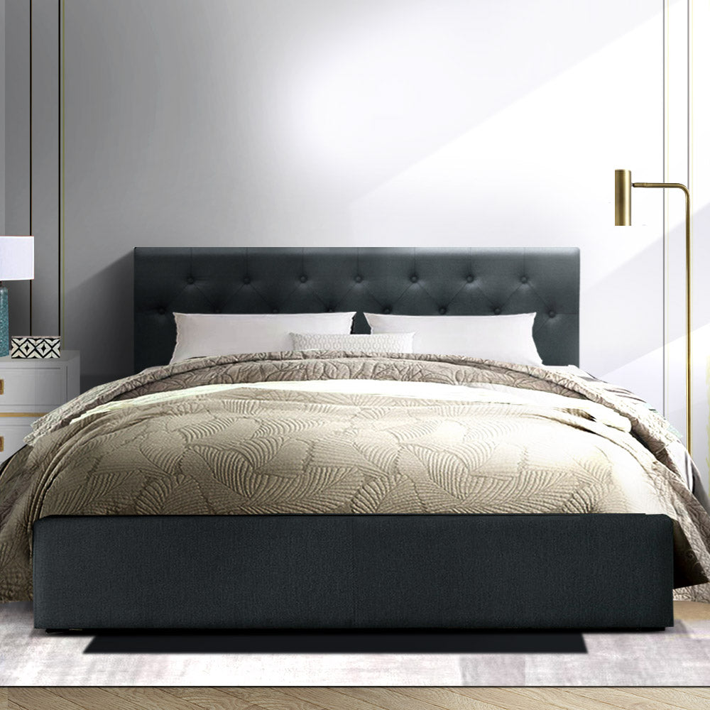 Artiss Vila Bed Frame Fabric Gas Lift Storage - Charcoal Queen