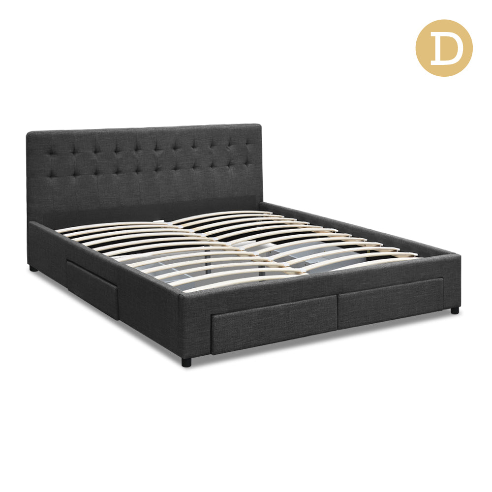 Artiss Double Size Fabric Bed Frame Headboard with Drawers - Charcoal