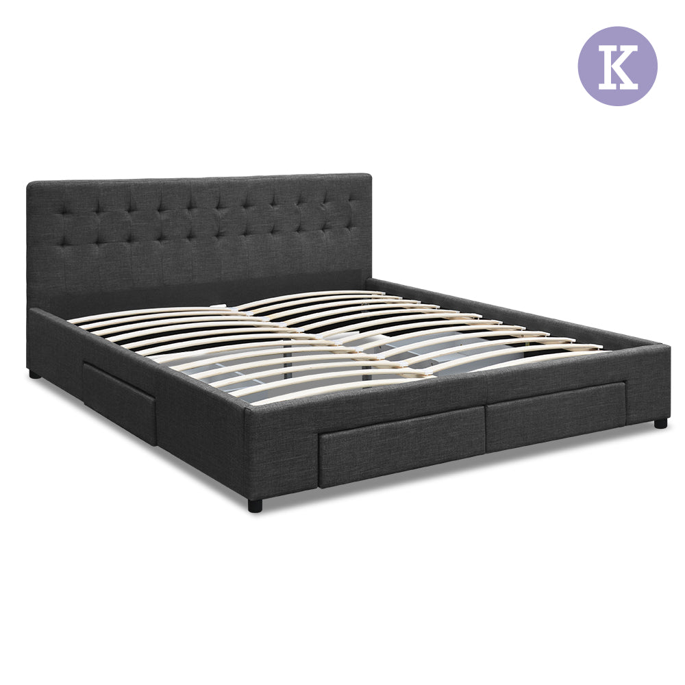 Artiss King Size Fabric Bed Frame Headboard with Drawers - Charcoal