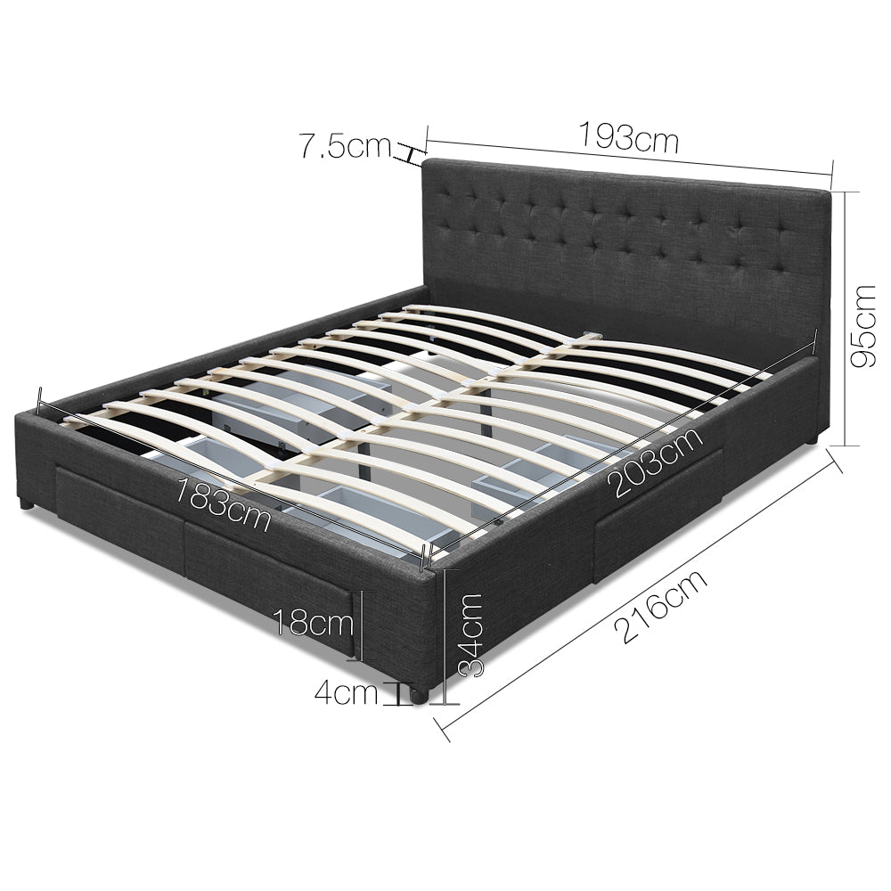 Artiss Avio Bed Frame Fabric Storage Drawers - Charcoal King