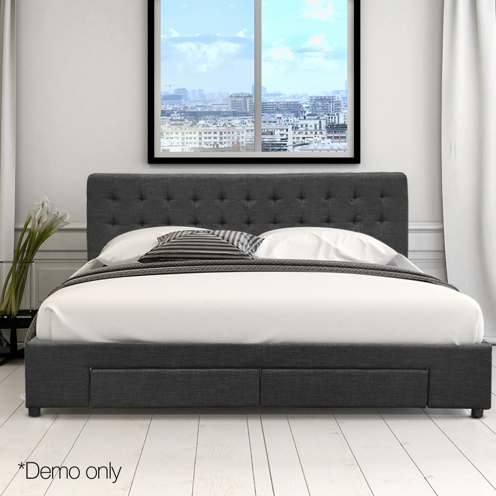 Artiss Avio Bed Frame Fabric Storage Drawers - Charcoal King