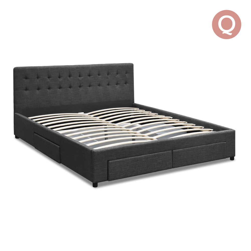 Artiss Queen Size Fabric Bed Frame Headboard with Drawers - Charcoal