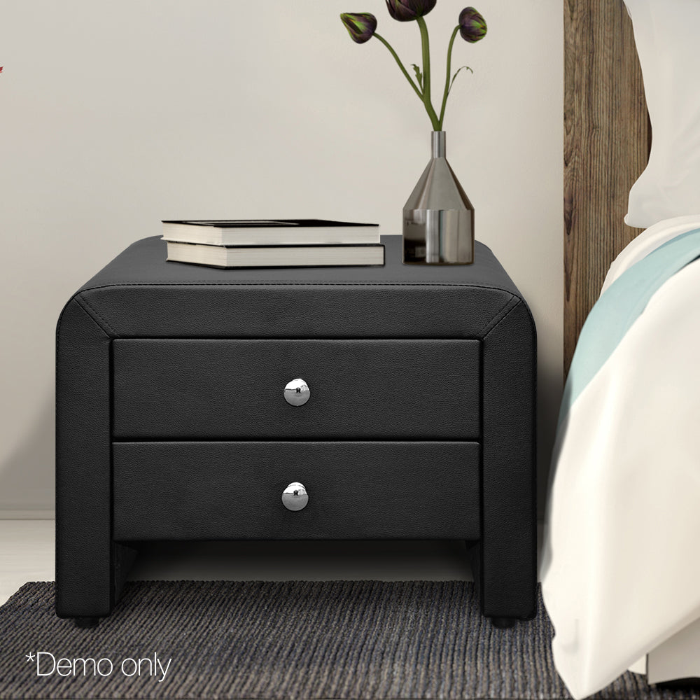Artiss PU Leather Bedside Table with 2 Drawers - Black