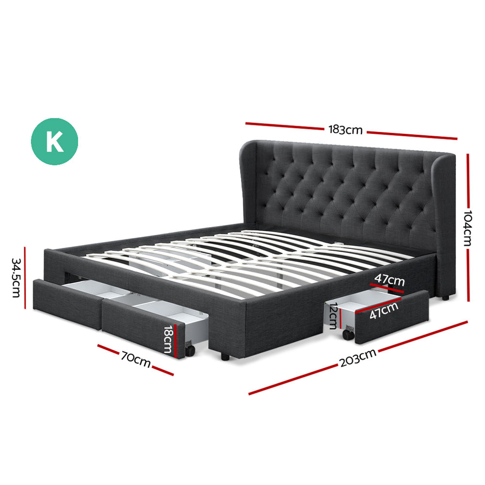 Artiss Mila Bed Frame Storage Drawers Fabric - Charcoal King