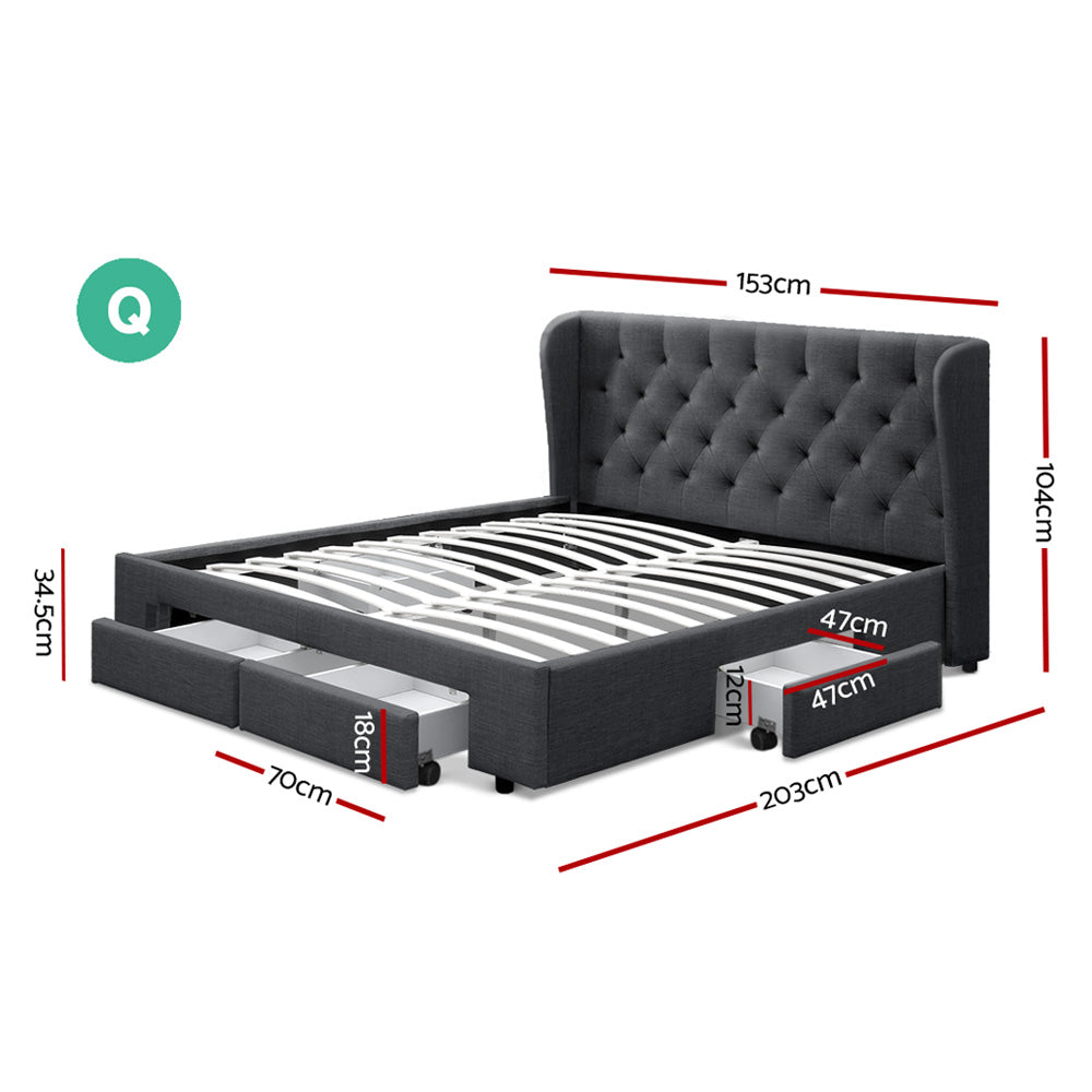 Artiss Mila Bed Frame Storage Drawers Fabric - Charcoal Queen