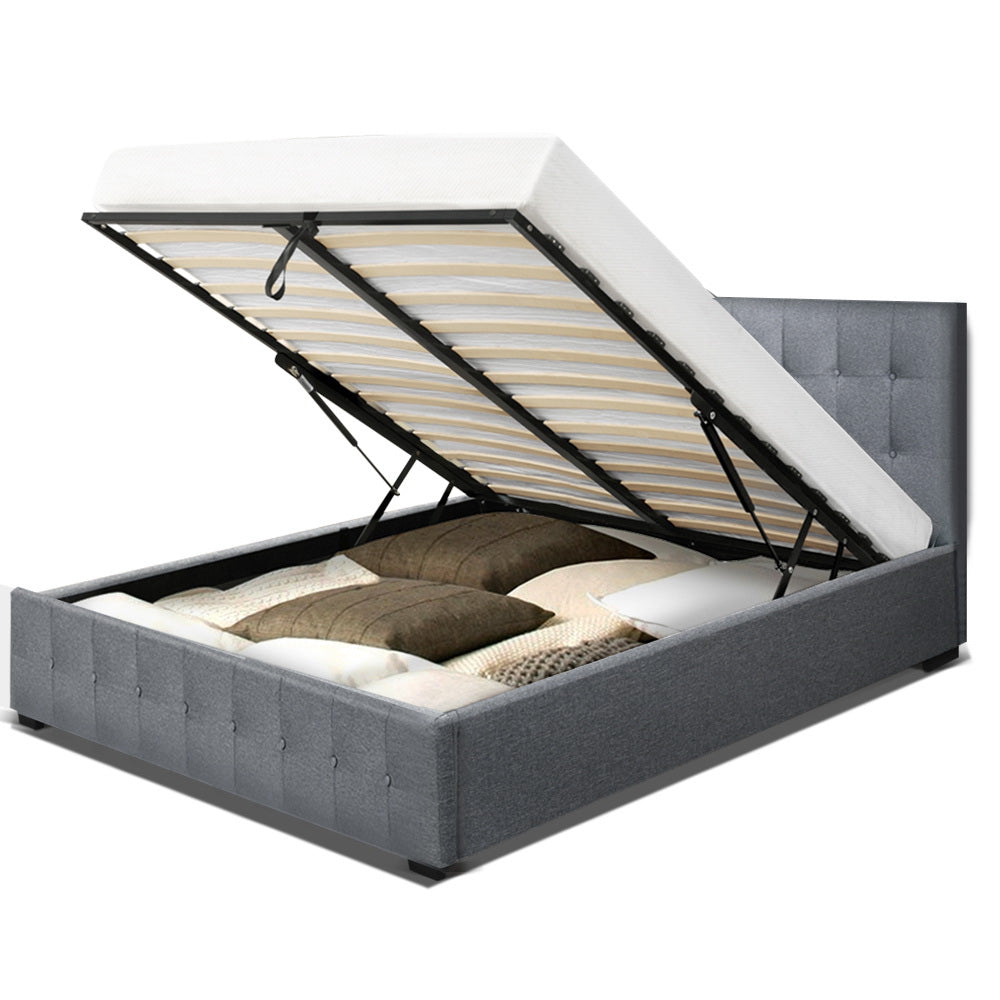 Artiss ROCA Double Full Size Gas Lift Bed Frame Base With Storage Mattress Grey Fabric