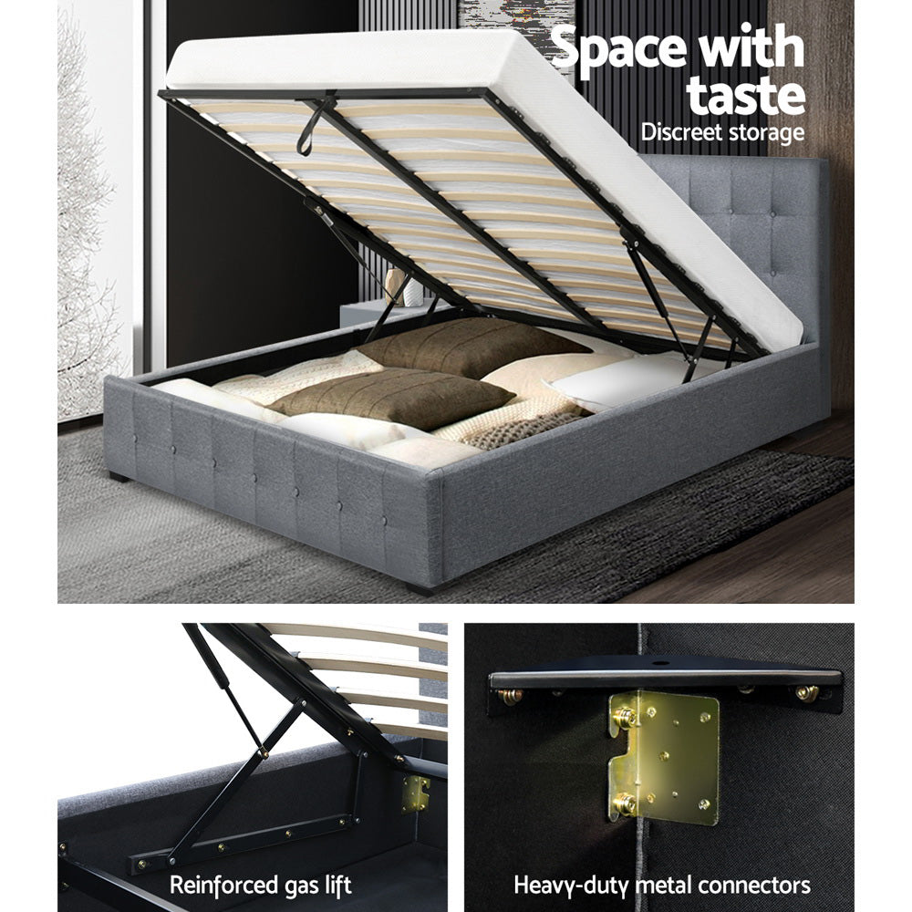 Artiss ROCA Double Full Size Gas Lift Bed Frame Base With Storage Mattress Grey Fabric
