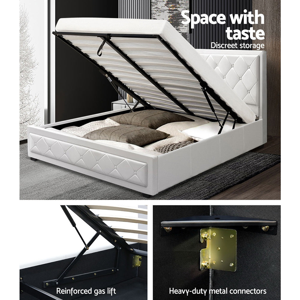 Artiss Tiyo Bed Frame PU Leather Gas Lift Storage - White Double