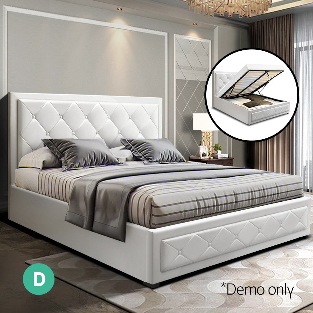 Artiss Tiyo Bed Frame PU Leather Gas Lift Storage - White Double