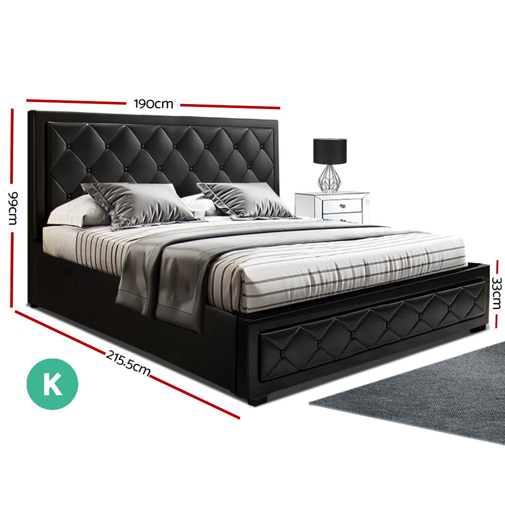 Artiss Tiyo Bed Frame PU Leather Gas Lift Storage - Black King