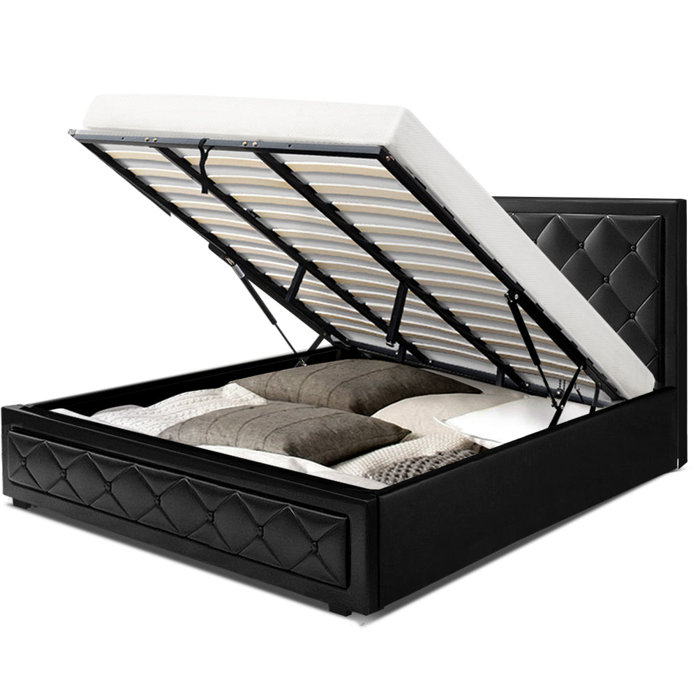 Artiss Tiyo Bed Frame PU Leather Gas Lift Storage - Black King