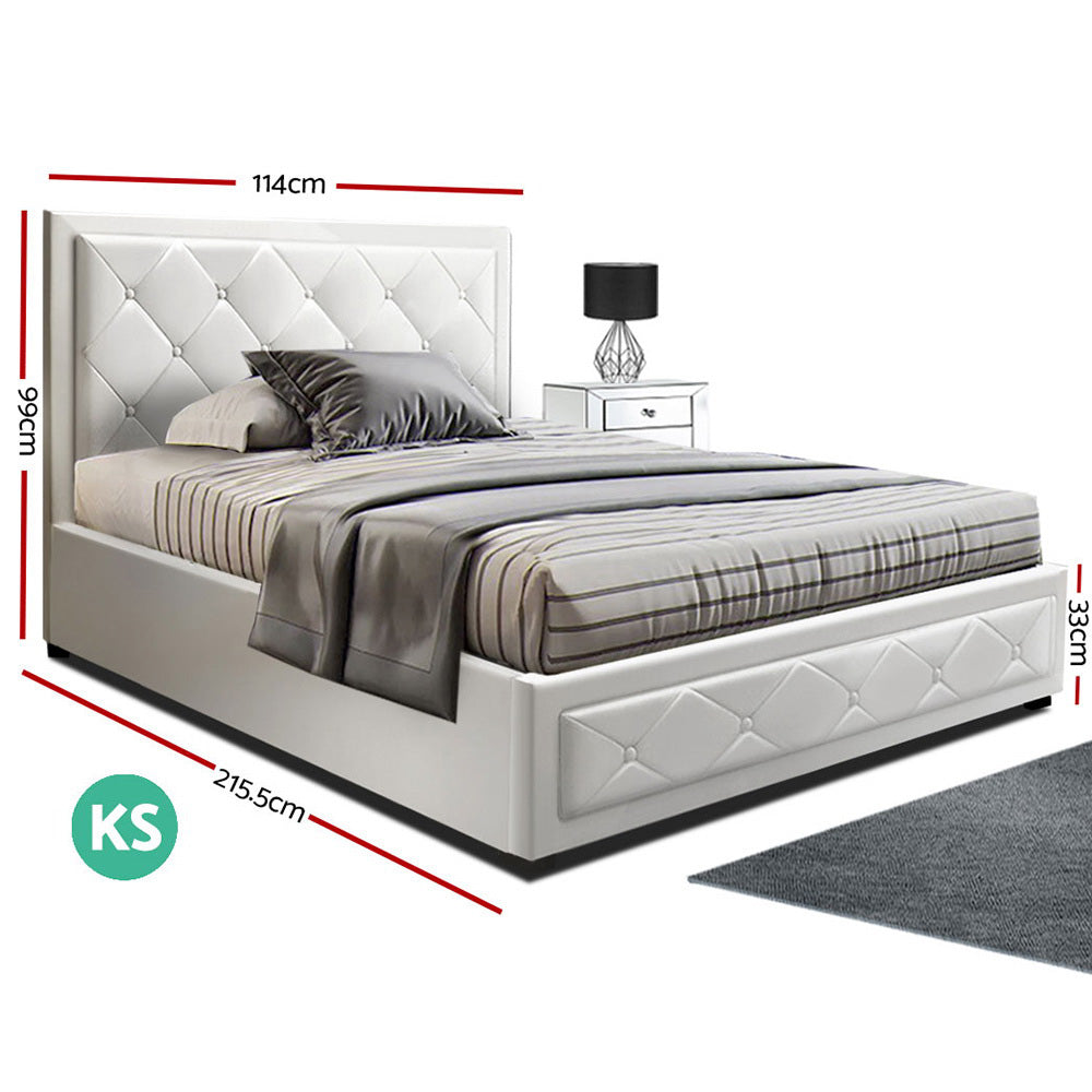 Artiss Tiyo Bed Frame PU Leather Gas Lift Storage - White King Single