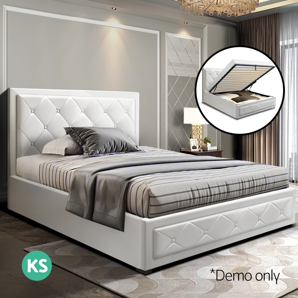 Artiss Tiyo Bed Frame PU Leather Gas Lift Storage - White King Single