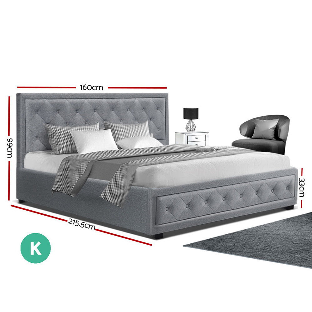 Artiss Tiyo Bed Frame Fabric Gas Lift Storage - Grey Queen