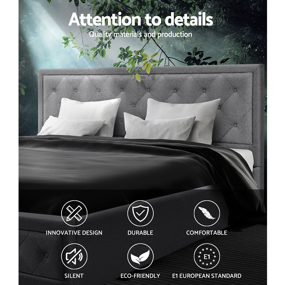 Artiss Tiyo Bed Frame Fabric Gas Lift Storage - Grey Queen