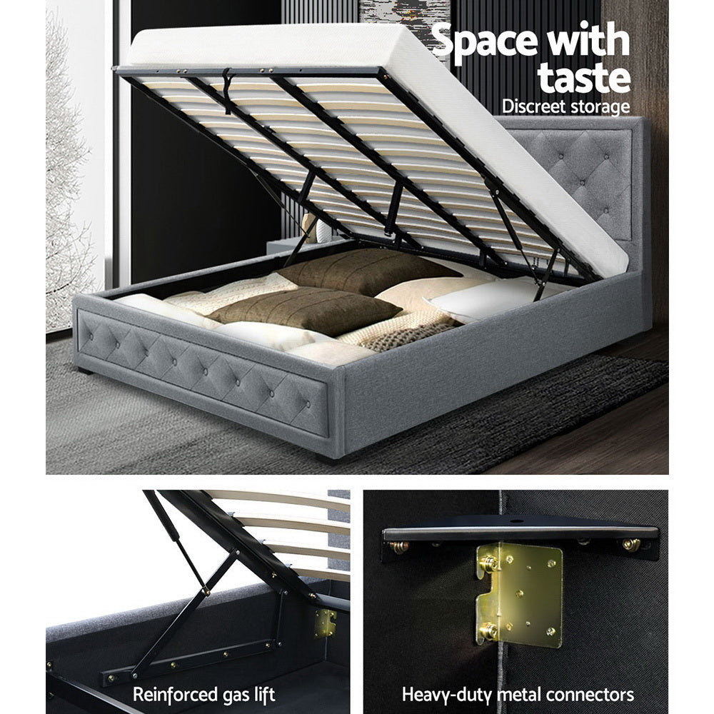Artiss Tiyo Bed Frame Fabric Gas Lift Storage - Grey Queen