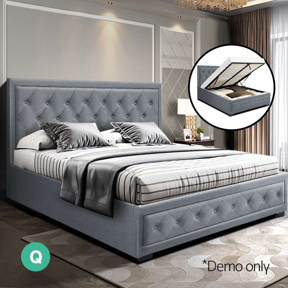 Artiss Tiyo Bed Frame Fabric Gas Lift Storage - Grey Queen