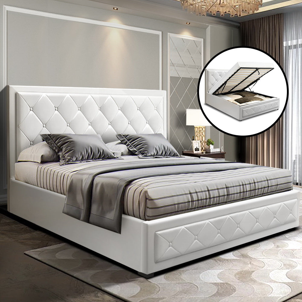 Artiss Tiyo Bed Frame PU Leather Gas Lift Storage - White Queen