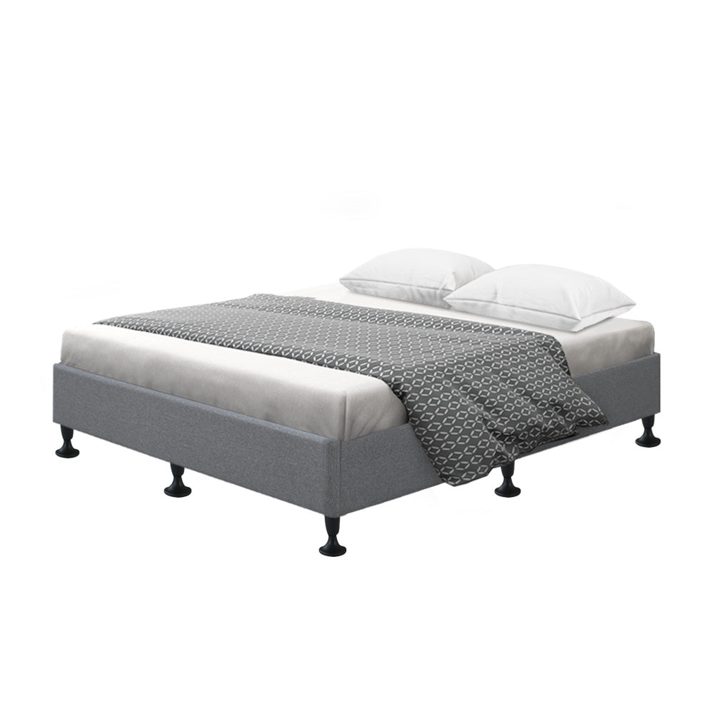 Bed Frame Base Double Size Mattress Platform Foundation Wooden Fabric Grey TOMI
