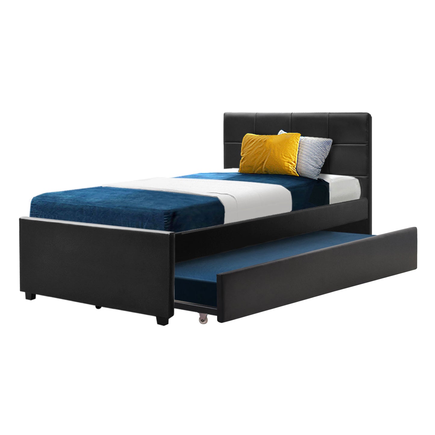Trundle Wooden Bed Frame with Storage Drawer - Black King Single
