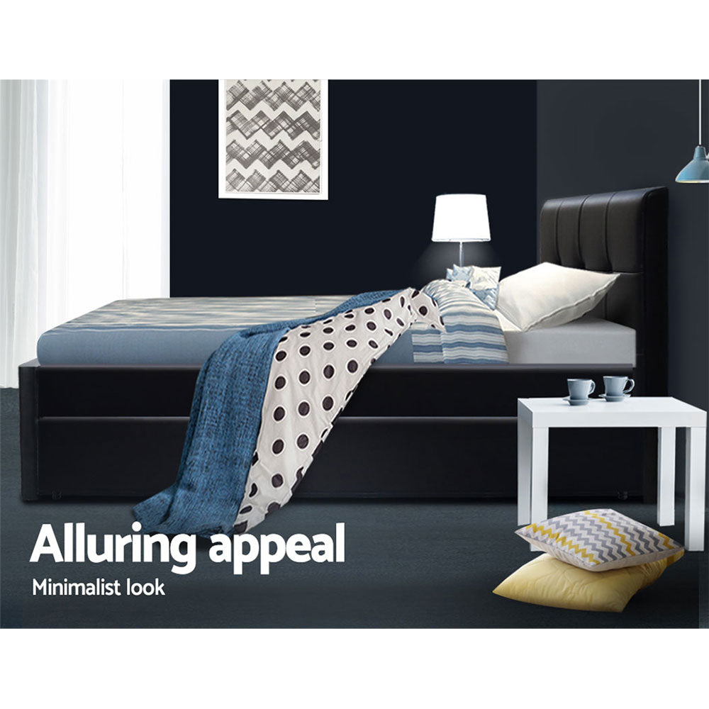 Trundle Wooden Bed Frame with Storage Drawer - Black King Single