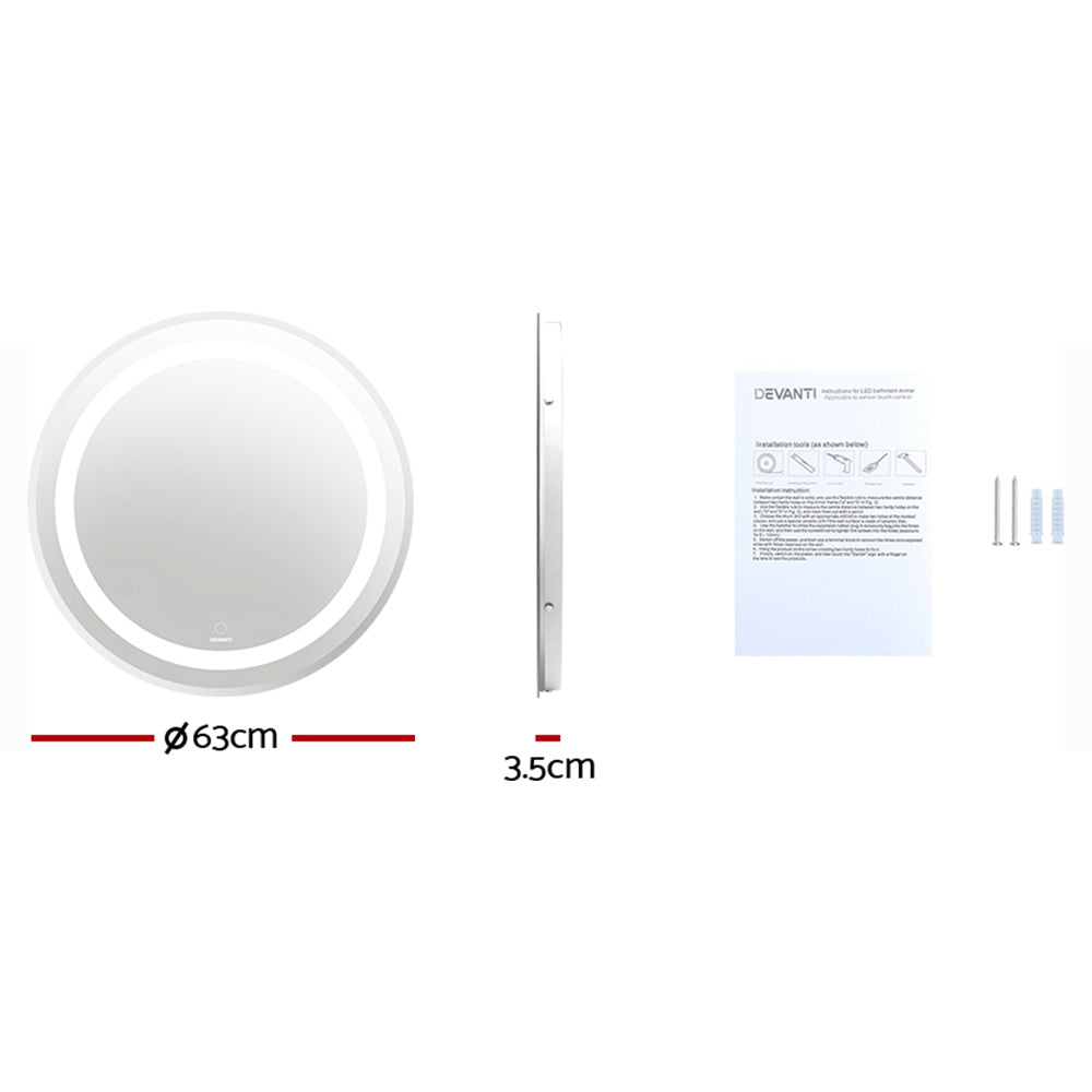 Devanti Round Wall Bathroom Vanity Makeup Mirror LED Illuminated Light Touch Switch 63cm
