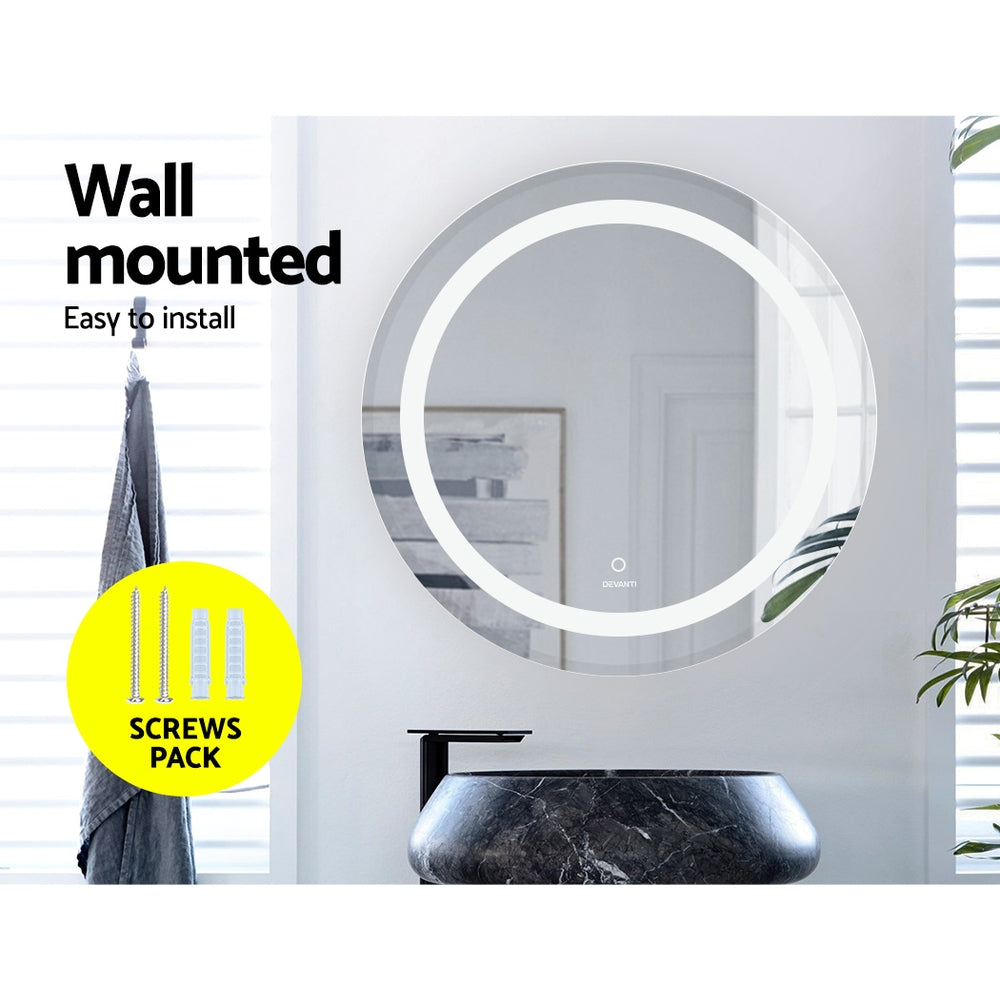 Devanti Round Wall Bathroom Vanity Makeup Mirror LED Illuminated Light Touch Switch 63cm