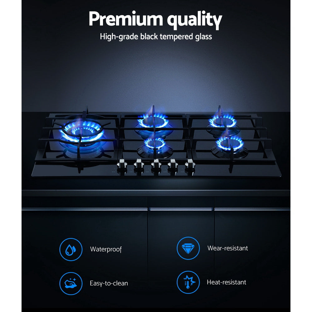 Devanti Gas Cooktop 90cm 5 Burner Stove Hob Cooker Kitchen NG LPG Black Glass