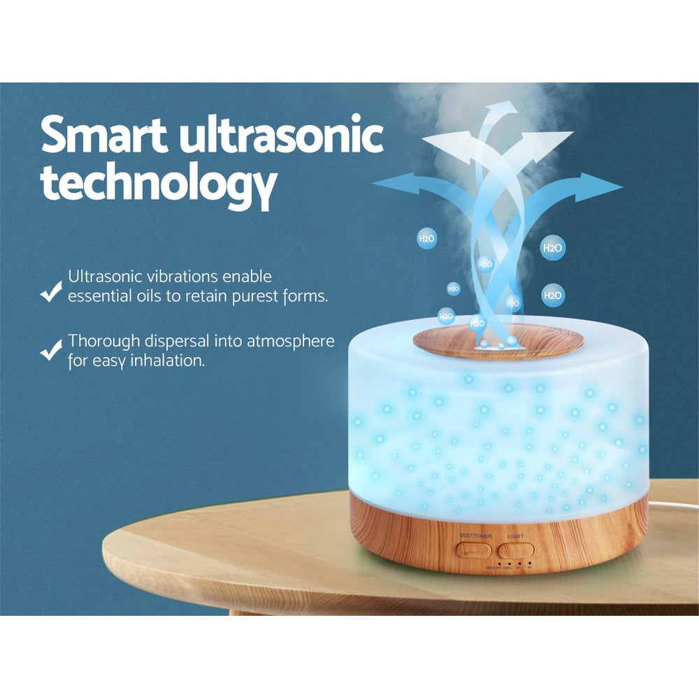 DEVANTI Aroma Diffuser Aromatherapy LED Night Light Air Humidifier Purifier Round Light Wood Grain 500ml Remote Control