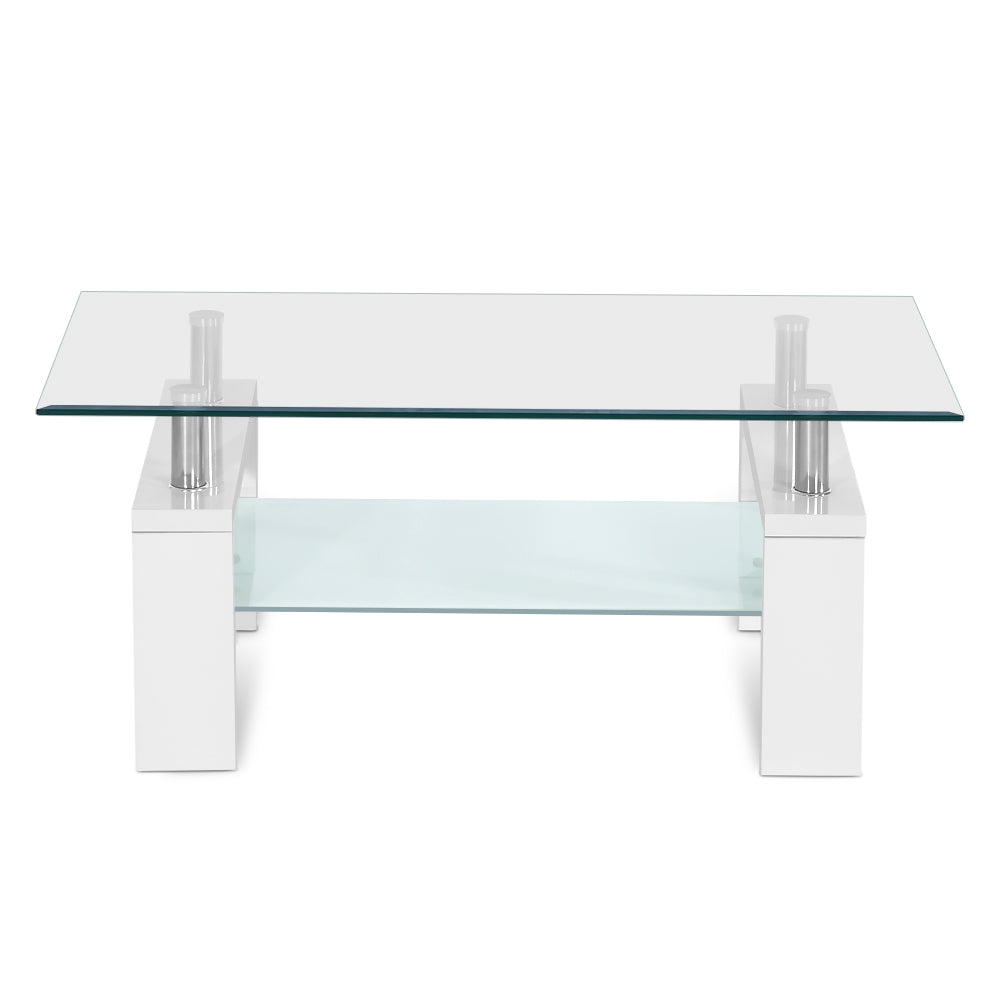 Artiss 2 Tier Coffee Table Tempered Glass Stainless Steel White