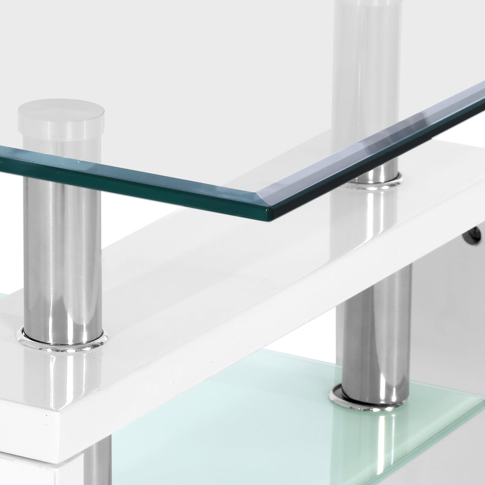 Artiss 2 Tier Coffee Table Tempered Glass Stainless Steel White