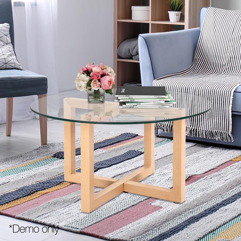 Artiss Tempered Glass Round Coffee Table - Beige