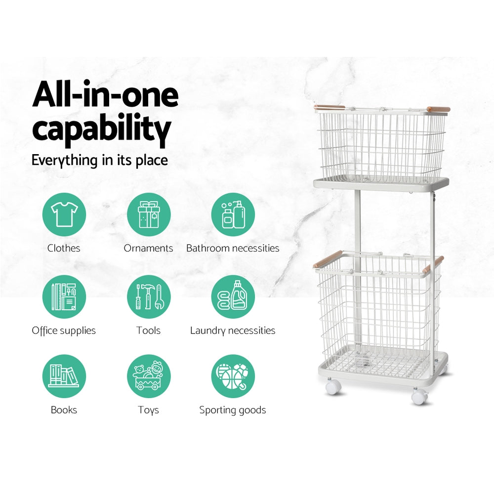 2 Tier Wire Storage Shelf Laundry Basket Hamper Metal Clothes Rack Shelves Trolley Organiser