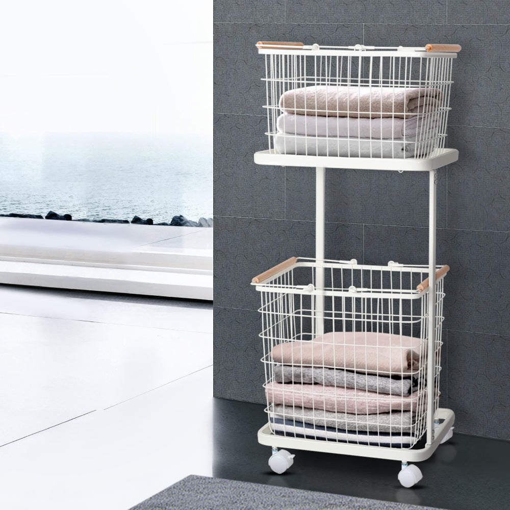 2 Tier Wire Storage Shelf Laundry Basket Hamper Metal Clothes Rack Shelves Trolley Organiser