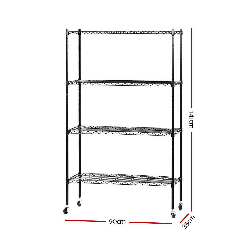 90cm 4-Tier Wire Shelving Unit Mobile Kitchen Storage Trolley Black