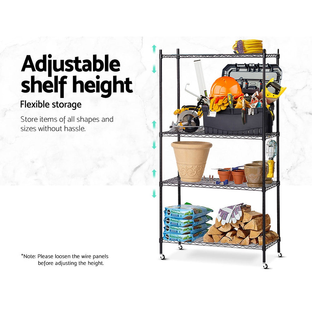 90cm 4-Tier Wire Shelving Unit Mobile Kitchen Storage Trolley Black