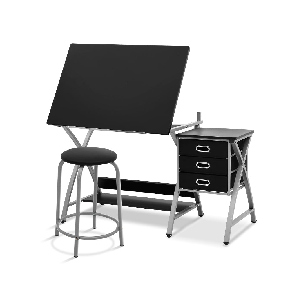 Artiss Drawing Desk With Stool Adjustable Tilt Drafting Table Metal Silver Black
