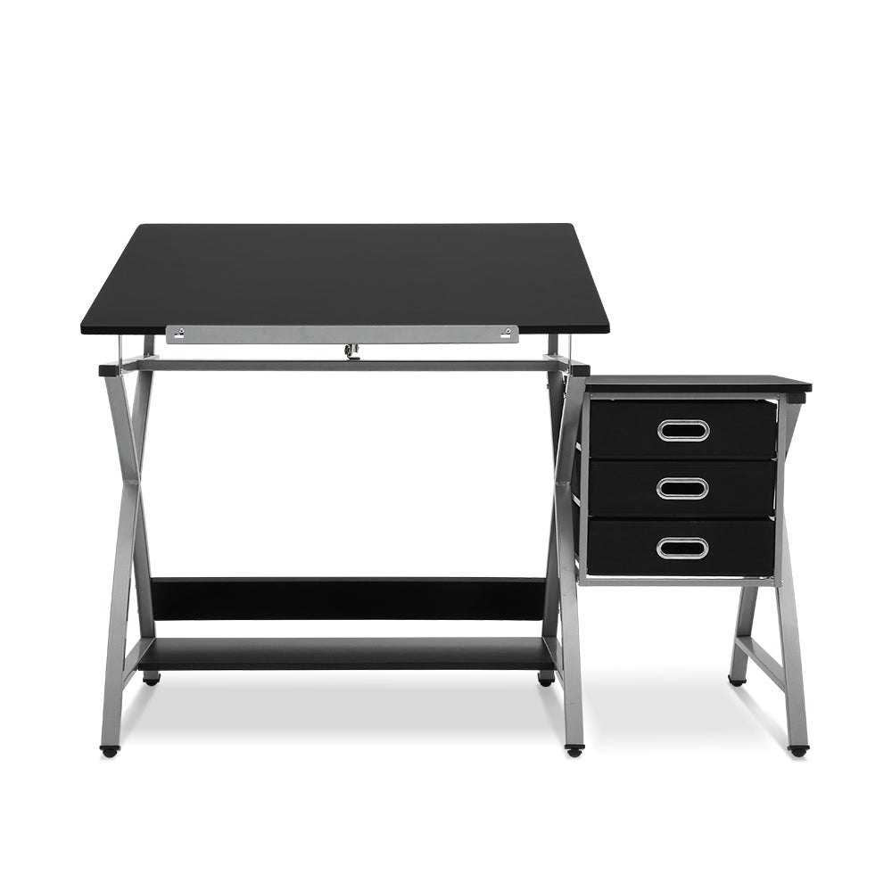 Artiss Drawing Desk With Stool Adjustable Tilt Drafting Table Metal Silver Black