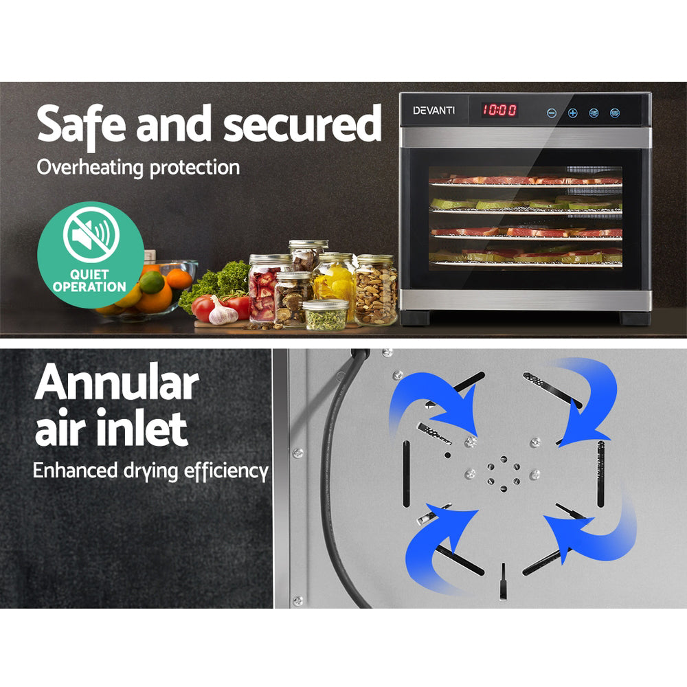 DEVANTi 6 Trays Commercial Food Dehydrator Stainless Steel Fruit Dryer