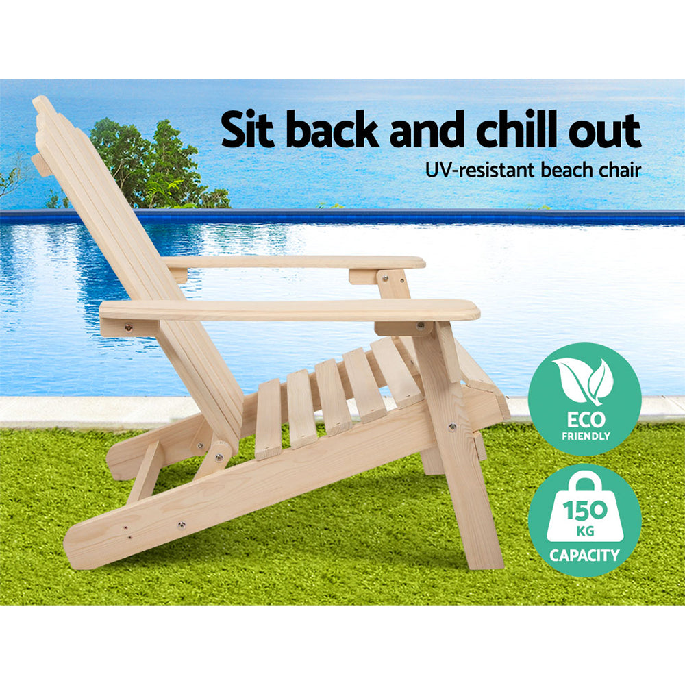 Gardeon Patio Furniture Outdoor Chairs Beach Chair Wooden Adirondack Garden Lounge Recliner 2PC Beige