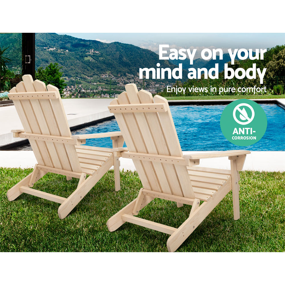 Gardeon Patio Furniture Outdoor Chairs Beach Chair Wooden Adirondack Garden Lounge Recliner 2PC Beige