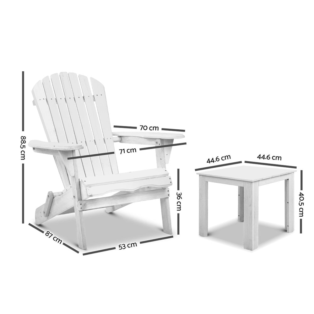 Gardeon 3 Piece Outdoor Adirondack Beach Chair and Table Set - White