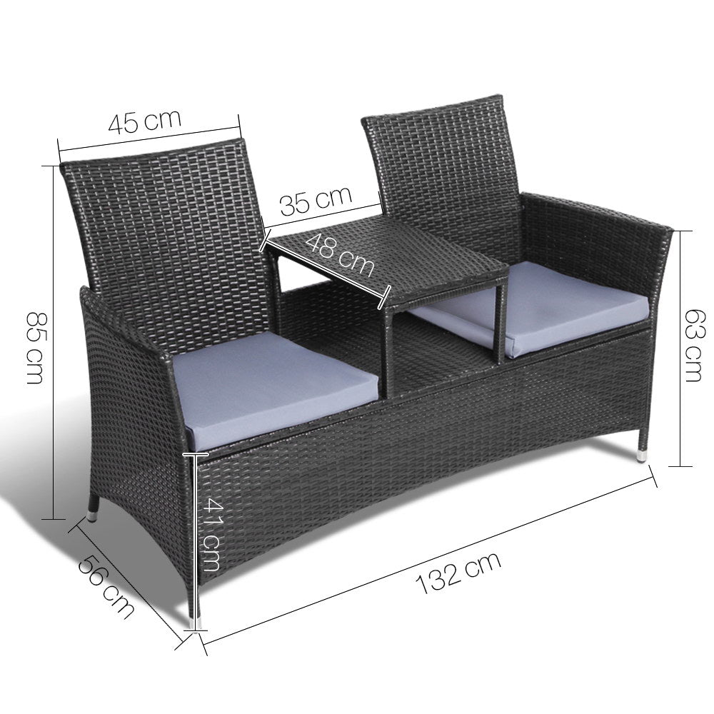 Gardeon 2 Seater Outdoor Wicker Bench - Black