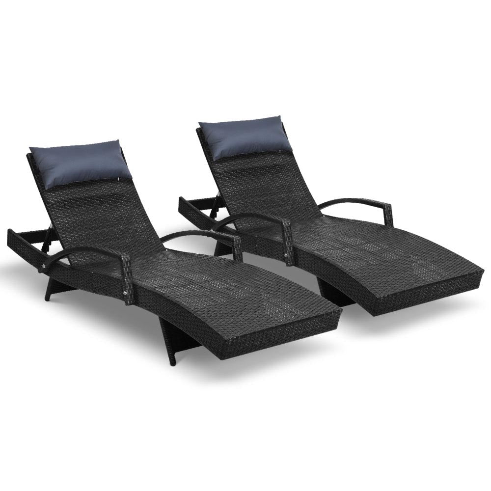 Gardeon Sun Lounge Setting Black Wicker Day Bed Outdoor Furniture Garden Patio