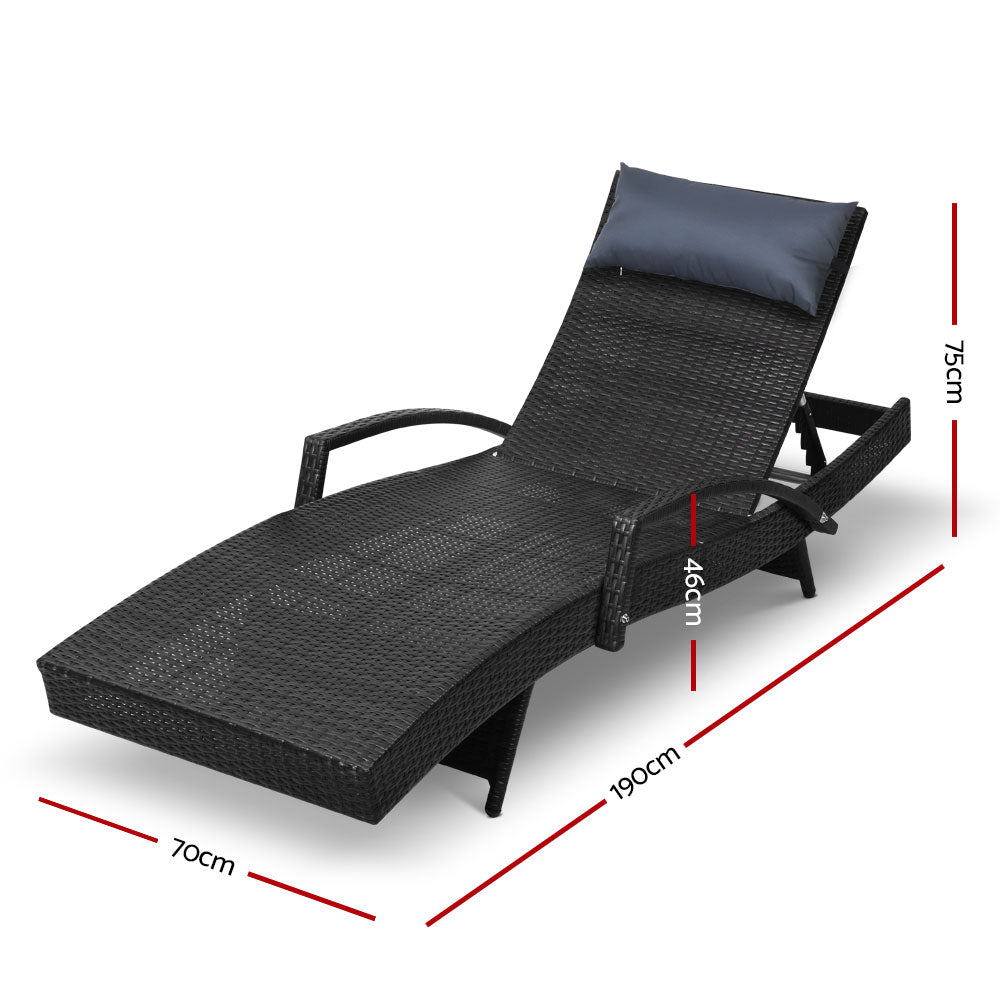 Gardeon Sun Lounge Setting Black Wicker Day Bed Outdoor Furniture Garden Patio