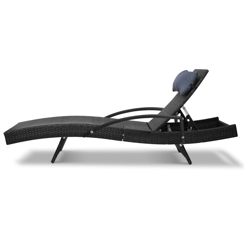Gardeon Sun Lounge Setting Black Wicker Day Bed Outdoor Furniture Garden Patio