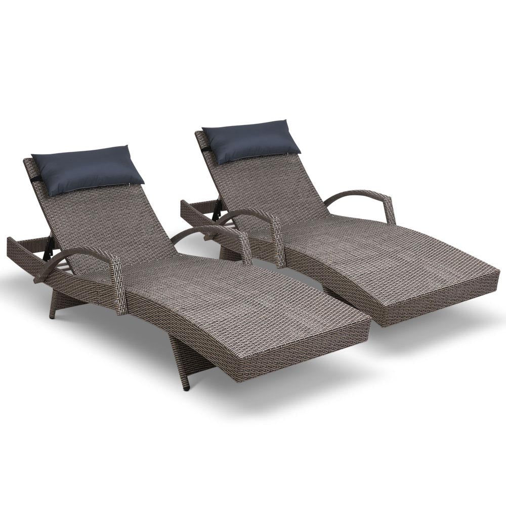 Gardeon Outdoor Sun Lounge Furniture Day Bed Wicker Pillow Sofa Set 2pc Grey
